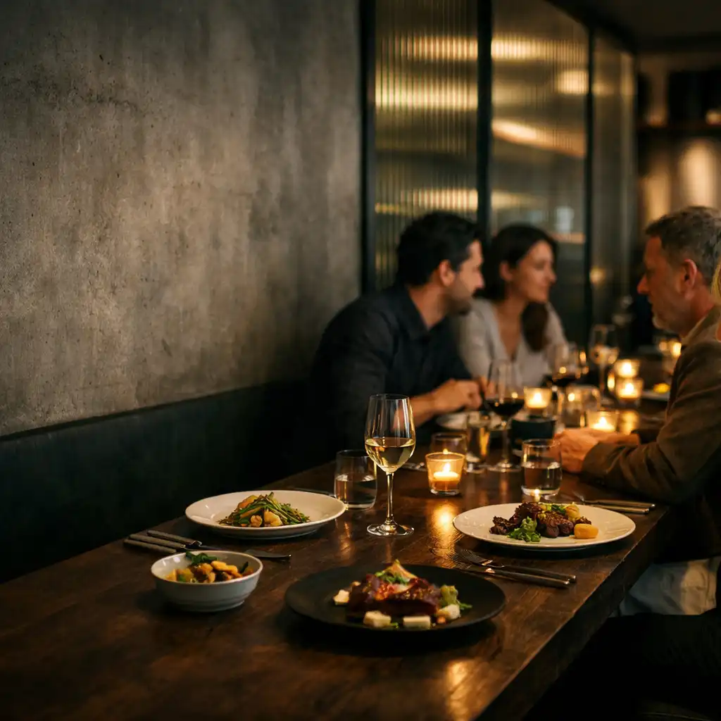 Gäste an einem dunklen Restauranttisch mit präzise angerichteten Tellern bei Abendlicht