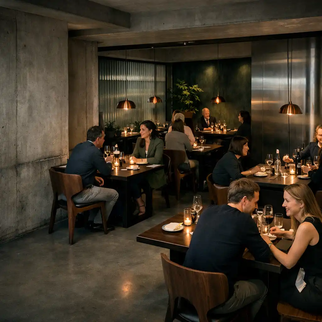 Gäste beim Dinner in einem zeitgenössischen Restaurant mit Beton und dunklem Holz