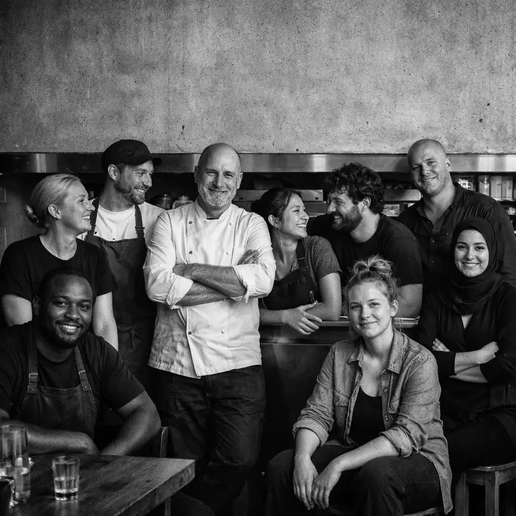 Schwarz-Weiß-Porträt eines Restaurantteams