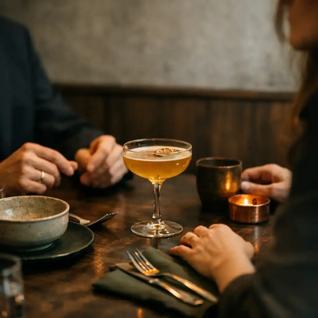 Gäste im Gespräch an einem Restauranttisch